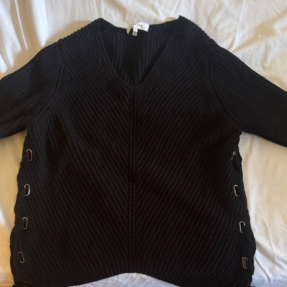 Elegant Black V-Neck Sweater with Lace-Up Sides